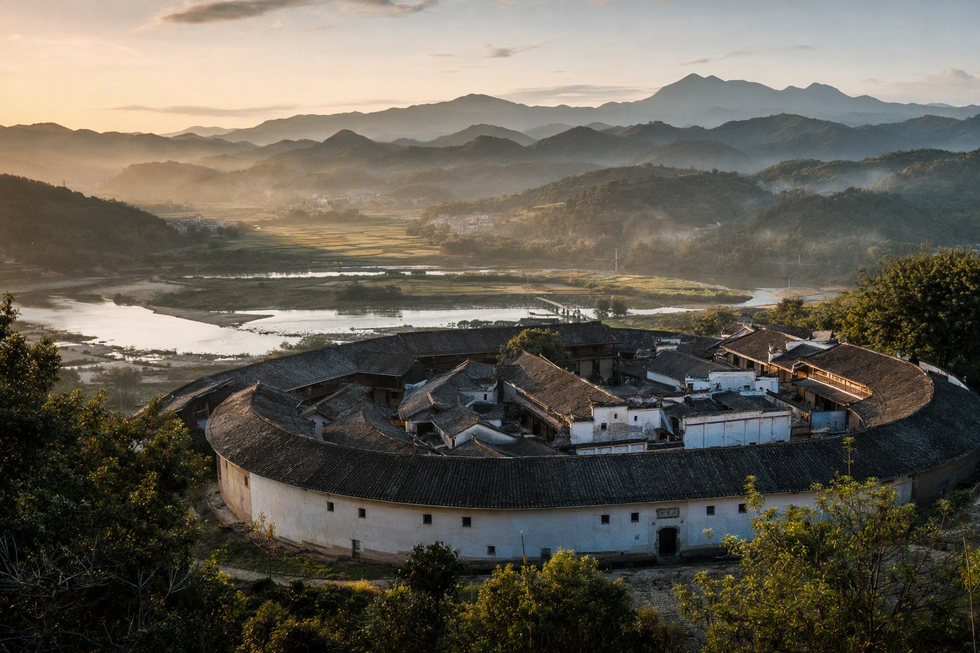 梅州客家围龙屋清晨全景