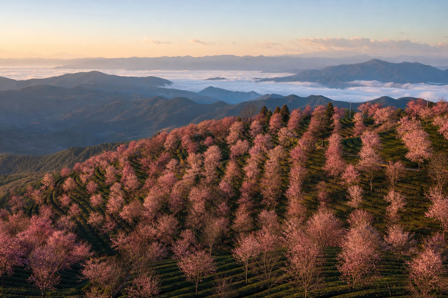 无量山樱花谷冬樱与茶园